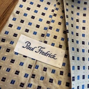 Paul Fredrick Cream Tie with Blue and Black Squares